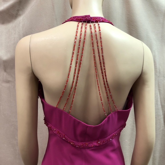 Vintage 90's Raspberry Pink Ruffle Halter Gown - Picture 5 of 8